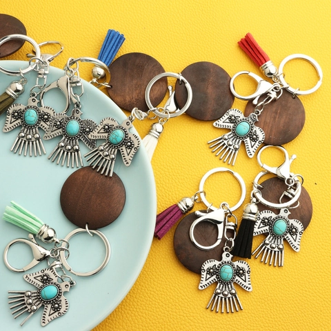 Bohemian Vintage American Eagle Keychain Alloy Artificial Turquoise Tassel Wood Disc Ethnic Bag Charm Accessory For Men Women