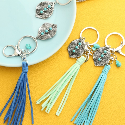 Bohemian Vintage Alloy Leaf Tassel Keychain For Women Ethnic Faux Suede Key Ring Bag Charm Turquoise Beaded Hanging Pendant