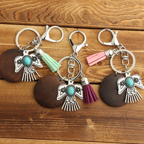 Bohemian Vintage American Eagle Keychain Alloy Artificial Turquoise Tassel Wood Disc Ethnic Bag Charm Accessory For Men Women
