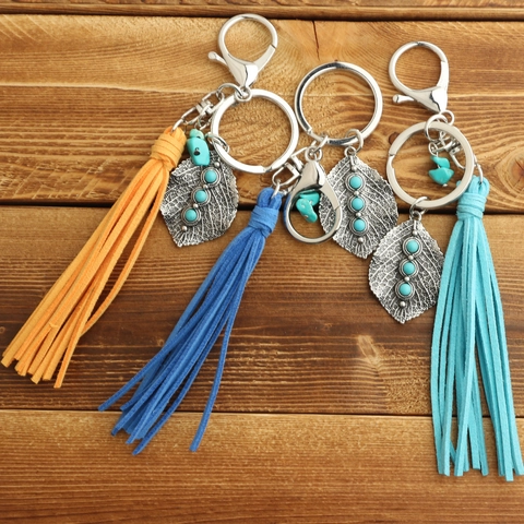 Bohemian Vintage Alloy Leaf Tassel Keychain For Women Ethnic Faux Suede Key Ring Bag Charm Turquoise Beaded Hanging Pendant
