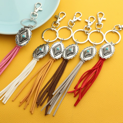 Bohemian Zinc Alloy Rhombus Artificial Turquoise Keychain For Women Vintage Ethnic Style Faux Suede Tassel Bag Pendant