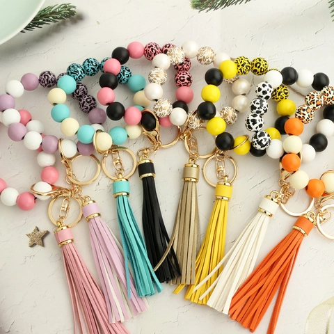 Perlen Armband Schlüsselanhänger Silikon Holzperlen Mit PU Leder Quaste Leopardenmuster Schlüsselring Für Damen Geschenk Mode