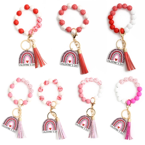 Llavero de Pulsera de Cuentas de Madera Hecho a Mano para Mujer Regalo de San Valentin Borla de Corazon Pulsera de Cuentas Llavero Alfabeto Corazon