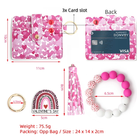 Juego de Llavero con Portatarjetas de Cuero de PU con Estampado de Corazón de San Valentino Pulsera de Cuentas Mujer