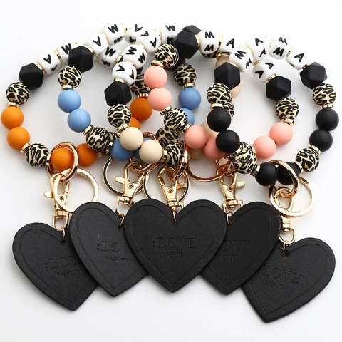 MAMA Leopard Print Silicone Bead Bracelet Keychain Heart PU Leather Pendant Gold Alloy Clasp Wristlet Strap Key Ring Women Gift