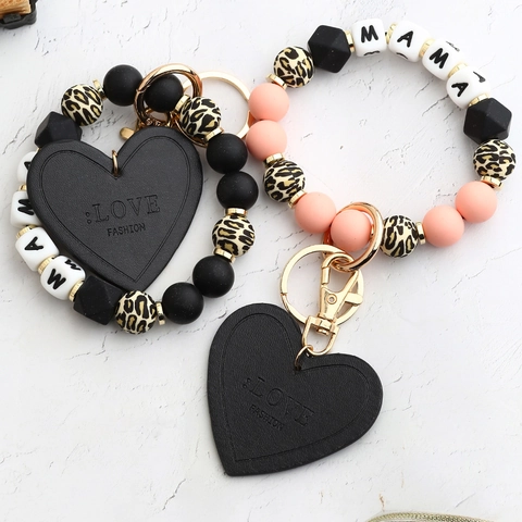 MAMA Leopard Print Silicone Bead Bracelet Keychain Heart PU Leather Pendant Gold Alloy Clasp Wristlet Strap Key Ring Women Gift
