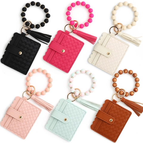 Woven PU Leather Card Holder Keychain Set Silicone Beaded Wristlet Bracelet With Rhinestone Tassel For Women Daily Use