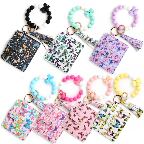 Ensemble de Porte-clés Porte-cartes en Cuir PU à Motif Papillon pour Femmes Bracelet de Poignet en Perles de Silicone Gland Cadeau