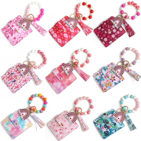 Juego de Llavero con Portatarjetas de Cuero de PU con Estampado de Corazón de San Valentino Pulsera de Cuentas Mujer