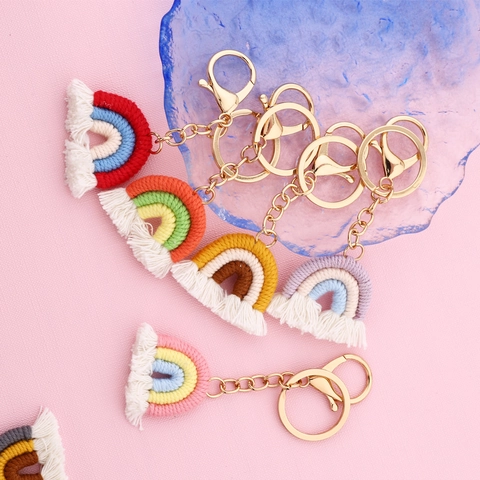Portachiavi Arcobaleno in Cotone Tessuto a Mano Per Donna Boho Nappina Ciondolo Per Borsa Anello Per Chiavi Auto Regalo
