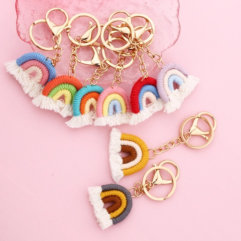 Portachiavi Arcobaleno in Cotone Tessuto a Mano Per Donna Boho Nappina Ciondolo Per Borsa Anello Per Chiavi Auto Regalo