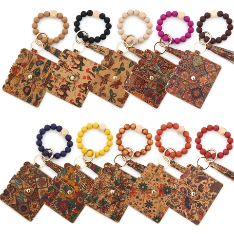 Portatarjetas de PU Corcho Bohemio Con Pulsera Llavero de Cuentas de Silicona Madera Borla Cartera Étnica Vintage para Mujer