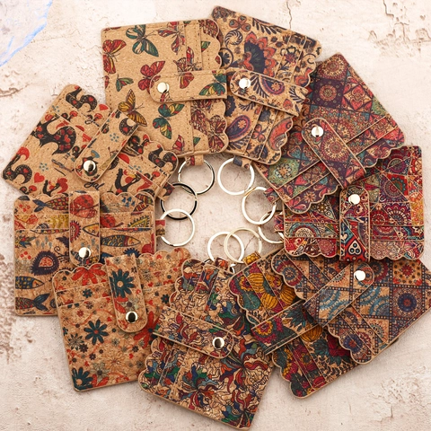 Portacarte in Pelle PU con Motivo Sughero Vintage per Donna Mini Portafoglio con Stampa Floreale Bohemien con Portachiavi in Metallo