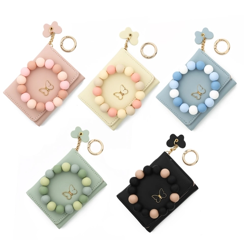 Women's PU Leather 3-Fold Wallet With Gold Butterfly Decor Beaded Silicone Keychain Wristlet Small Card Holder Purse