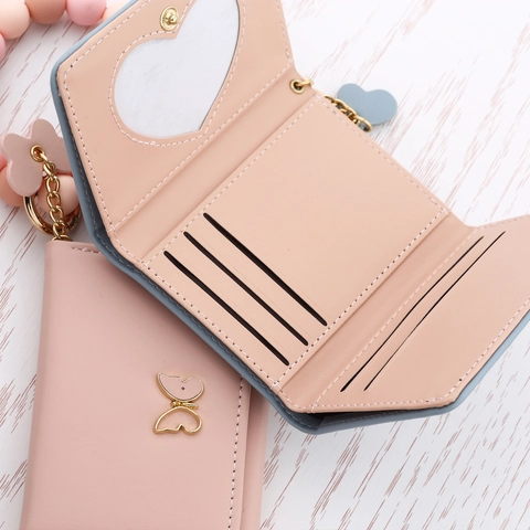 Women's PU Leather 3-Fold Wallet With Gold Butterfly Decor Beaded Silicone Keychain Wristlet Small Card Holder Purse