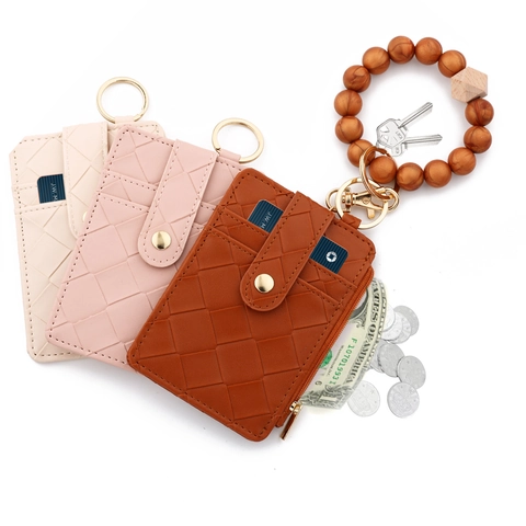 Portachiavi Portacarte in Pelle PU Intrecciata per Donna Con Bracciale in Perle di Silicone Nappina Portafoglio Multi Slot