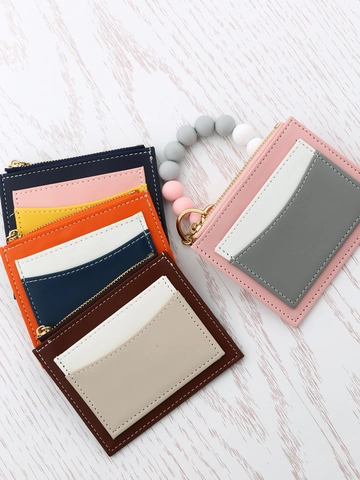 Damen PU-Leder Color-Block Kartenhalter Geldbörse Mit Silikonperlen-Armband Schlüsselanhänger Reißverschluss Münzfach ID-Hülle