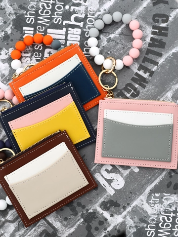 Damen PU-Leder Color-Block Kartenhalter Geldbörse Mit Silikonperlen-Armband Schlüsselanhänger Reißverschluss Münzfach ID-Hülle