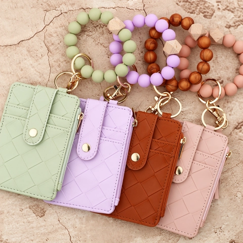 Portachiavi Portacarte in Pelle PU Intrecciata per Donna Con Bracciale in Perle di Silicone Nappina Portafoglio Multi Slot