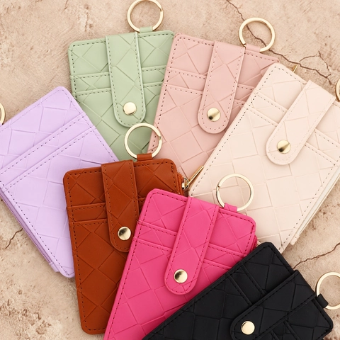 Portacarte da Donna Minimalista in Pelle PU Trama Intrecciata Portafoglio Multi Slot Portamonete Con Cerniera E Anello Portachiavi