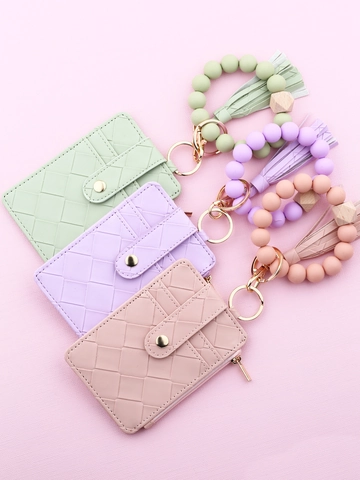 Women Woven PU Leather Card Holder With Silicone Bead Wristlet Bracelet Keychain Tassel Zipper Wallet ID Case Gift