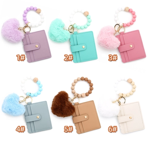 Damen PU Leder Kartenhalter Brieftasche Mit Plüsch Herz Anhänger Silikonperlen Schlüsselanhänger Armband Modeaccessoires