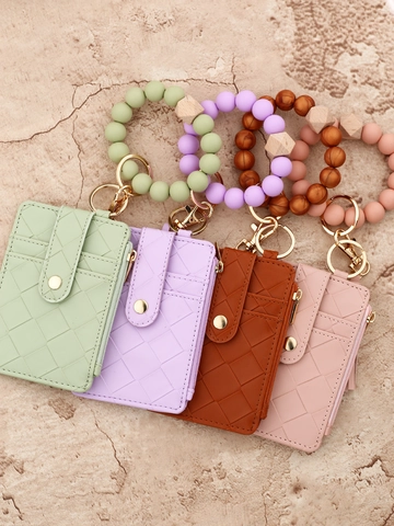 Women Woven PU Leather Card Holder With Silicone Bead Wristlet Bracelet Keychain Tassel Zipper Wallet ID Case Gift