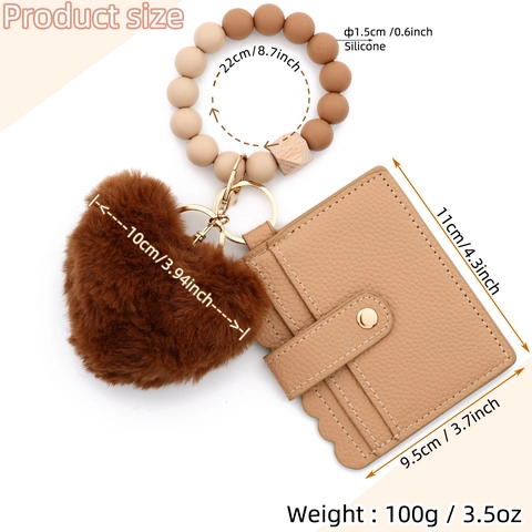 Portachiavi da Polso con Perline in Silicone Con Pompon a Cuore Portacarte in Pelle PU per Donna Bracciale Bordo a Onde