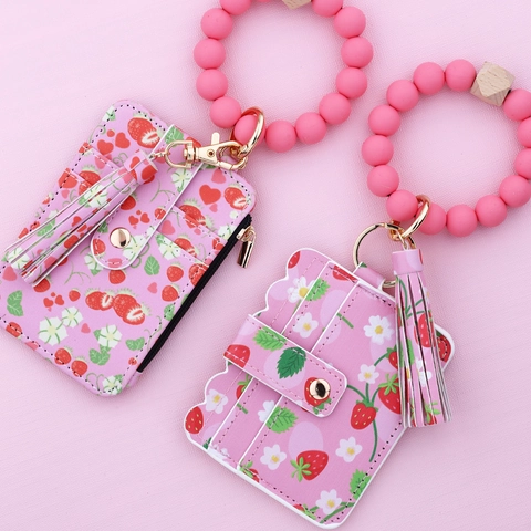 Women Printed PU Leather Card Wallet With Silicone Bead Bracelet Keychain Tassel Fruit Pattern Strawberry Lemon Purse