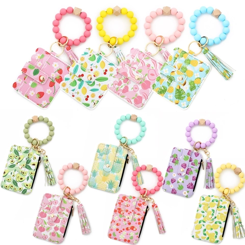Women Printed PU Leather Card Wallet With Silicone Bead Bracelet Keychain Tassel Fruit Pattern Strawberry Lemon Purse