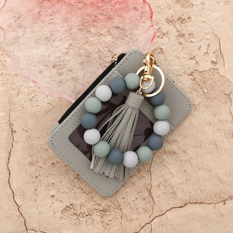 Donna Portachiavi da Polso con Perline in Silicone Porta Carte in Pelle PU Nappina Portafoglio con Cerniera Finestra ID Regalo