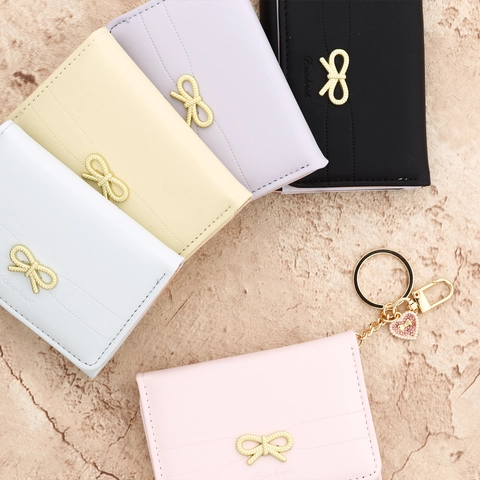 Mini Portafoglio Donna Con Fiocco Pieghevole in Pelle PU Porta Carte Con Pendente a Cuore Strass Stile Dolce Regalo