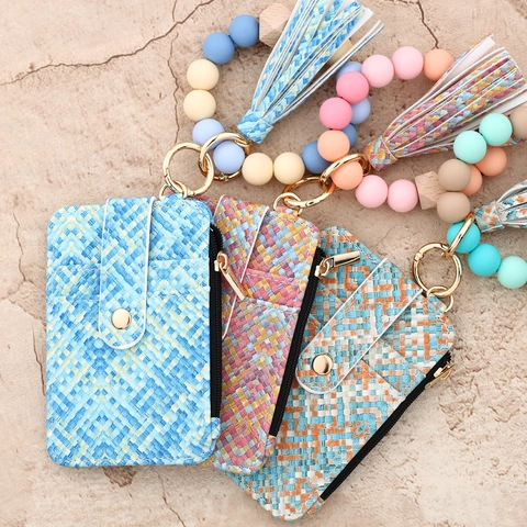 Dames Siliconen Kralen Sleutelhanger Portemonnee PU Leer Kaarthouder Met Kwastje Polsband Sleutelhanger Mini Portemonnee Sieraden