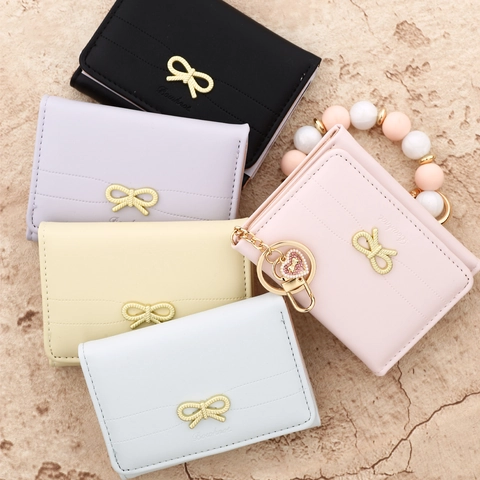 Mini Portafoglio Donna Con Fiocco Pieghevole in Pelle PU Porta Carte Con Pendente a Cuore Strass Stile Dolce Regalo