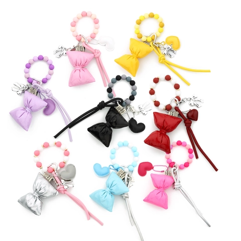 Silikon Perlen Armband Schlüsselanhänger Für Damen Leder Herz Schleife Taschenanhänger Mode Süße Handgelenk Gurt Schlüsselring