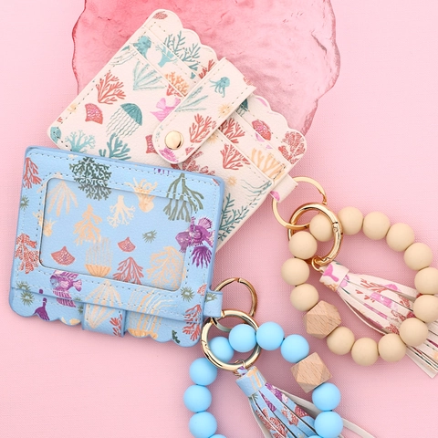 Mode Silikonperlen Armband Schlüsselanhänger Und Bedruckte PU Leder Kartenhalter Geldbörse Quaste Für Damen Blumen Frucht Ozean