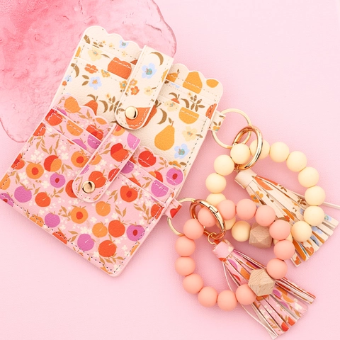Mode Silikonperlen Armband Schlüsselanhänger Und Bedruckte PU Leder Kartenhalter Geldbörse Quaste Für Damen Blumen Frucht Ozean