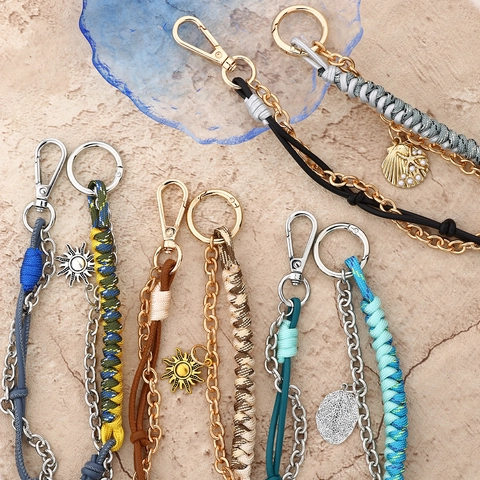 Handmade Woven Keychain Bag Charm For Women Luxury Style Metal Chain PVC Rope Accessory With Sun Shell Charms Jewelry Gift