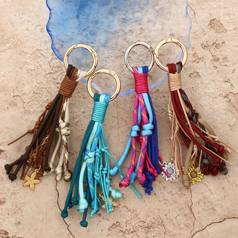 Llavero Bohemio de Cuerda Trenzada a Mano con Borla Colgante para Bolso Mujer Estrella de Mar Girasol Accesorio de Joyería