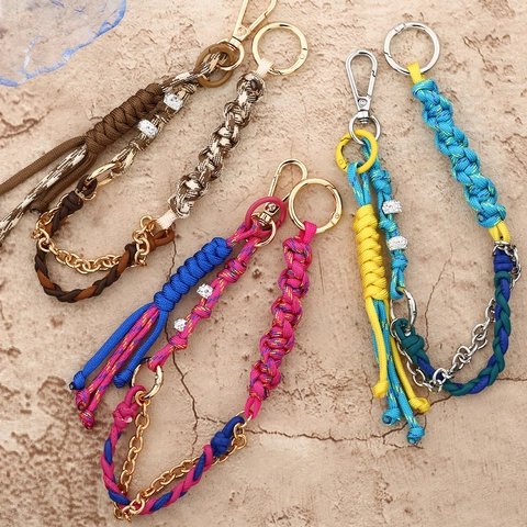 Handmade Braided Polyester Bag Charm Keychain With Metal Chain Rhinestone Woven Strap For Women Handbag Decoration