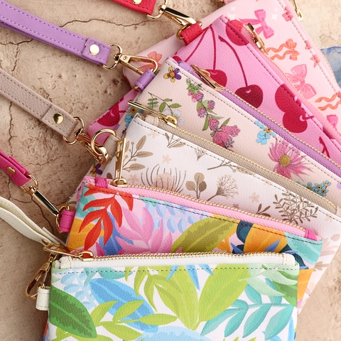 Dames Bedrukte Kunstleer Clutch En Portemonnee Set Met Polsband Handtas Bloemen Kers Patroon Rits Zak