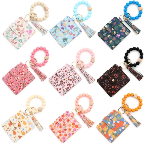 Damen PU Leder Kartenhalter Schlüsselanhänger Armband Set Mit Silikonperlen Holzperle Quaste Ozean Pilz Frucht Druck Kleiner Geldbeutel