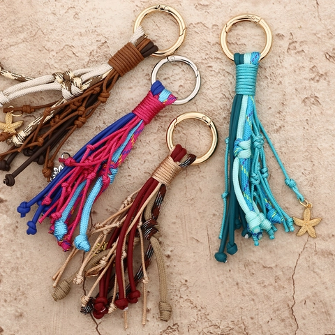 Llavero Bohemio de Cuerda Trenzada a Mano con Borla Colgante para Bolso Mujer Estrella de Mar Girasol Accesorio de Joyería