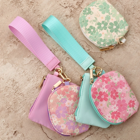 Waterdichte 2-in-1 Bloemen Pols Portemonnee Set Draagbare Mini PU Lederen Rits Zak Sleutelhouder Wallet Met Polsband Voor Vrouwen