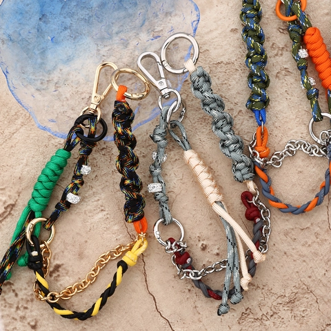 Handmade Braided Polyester Bag Charm Keychain With Metal Chain Rhinestone Woven Strap For Women Handbag Decoration