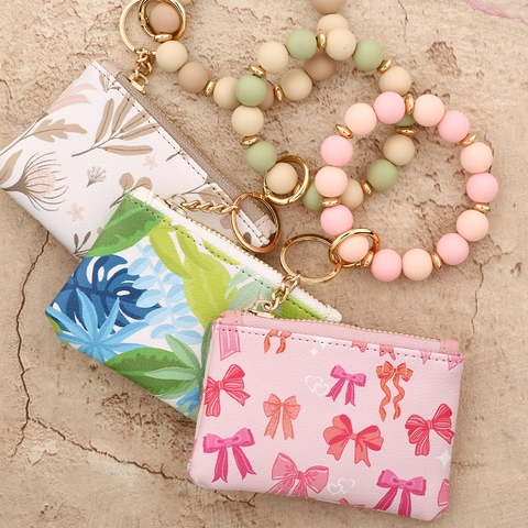 Women Sweet Synthetic Leather Coin Purse Card Holder Set Silicone Beaded Wristlet Keychain Key Case Wallet Floral Bowknot Pattern Bag