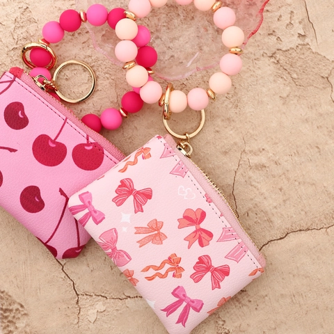 Women Sweet Synthetic Leather Coin Purse Card Holder Set Silicone Beaded Wristlet Keychain Key Case Wallet Floral Bowknot Pattern Bag