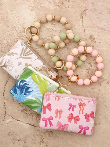Mini Portefeuille Femme en Cuir PU Imprimé Floral Nœud Porte-monnaie Avec Porte-clés Bracelet en Perles de Silicone Zip
