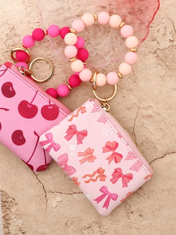 Mini Portefeuille Femme en Cuir PU Imprimé Floral Nœud Porte-monnaie Avec Porte-clés Bracelet en Perles de Silicone Zip