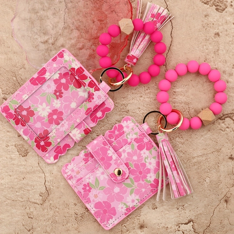 Cartera Portatarjetas con Estampado Floral de Cuero PU para Mujer Pulsera de Cuentas de Silicona Llavero Borla Colgante de Madera